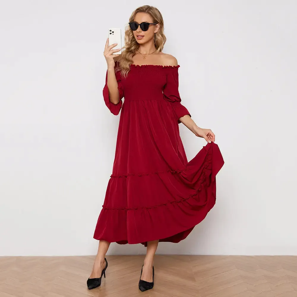 Red off the shoulder dress ruffled sleeves