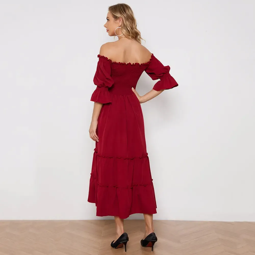 Red off the shoulder dress ruffled sleeves