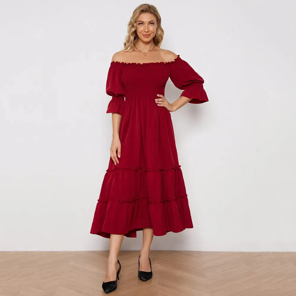 Red off the shoulder dress ruffled sleeves