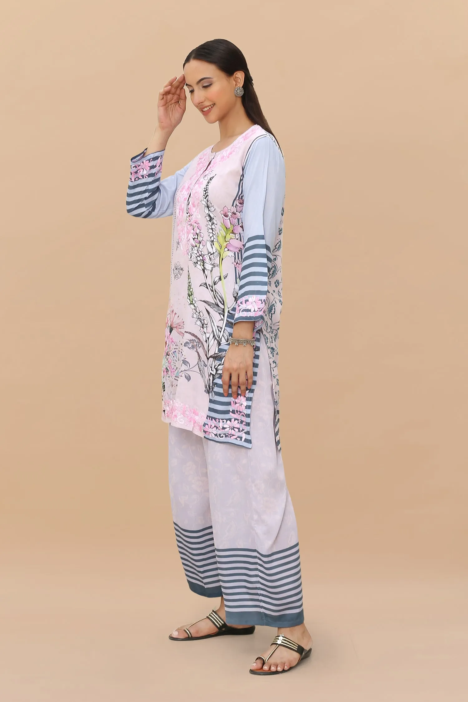Saba Chikankari Set in Printed Polysilk - Pink Blue