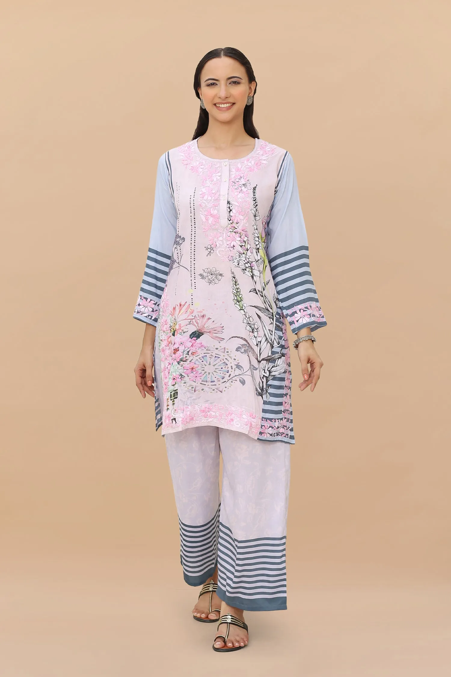 Saba Chikankari Set in Printed Polysilk - Pink Blue