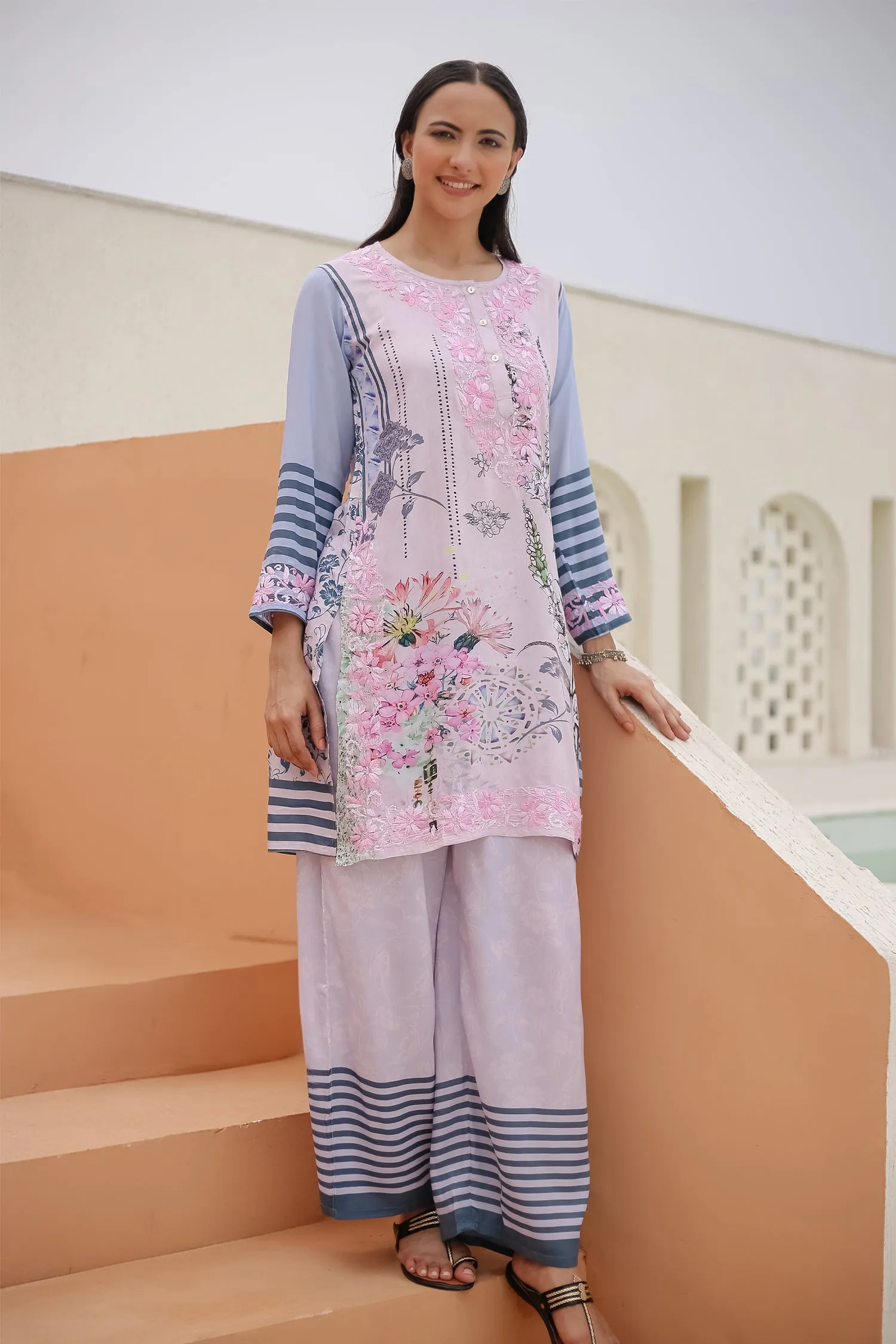 Saba Chikankari Set in Printed Polysilk - Pink Blue