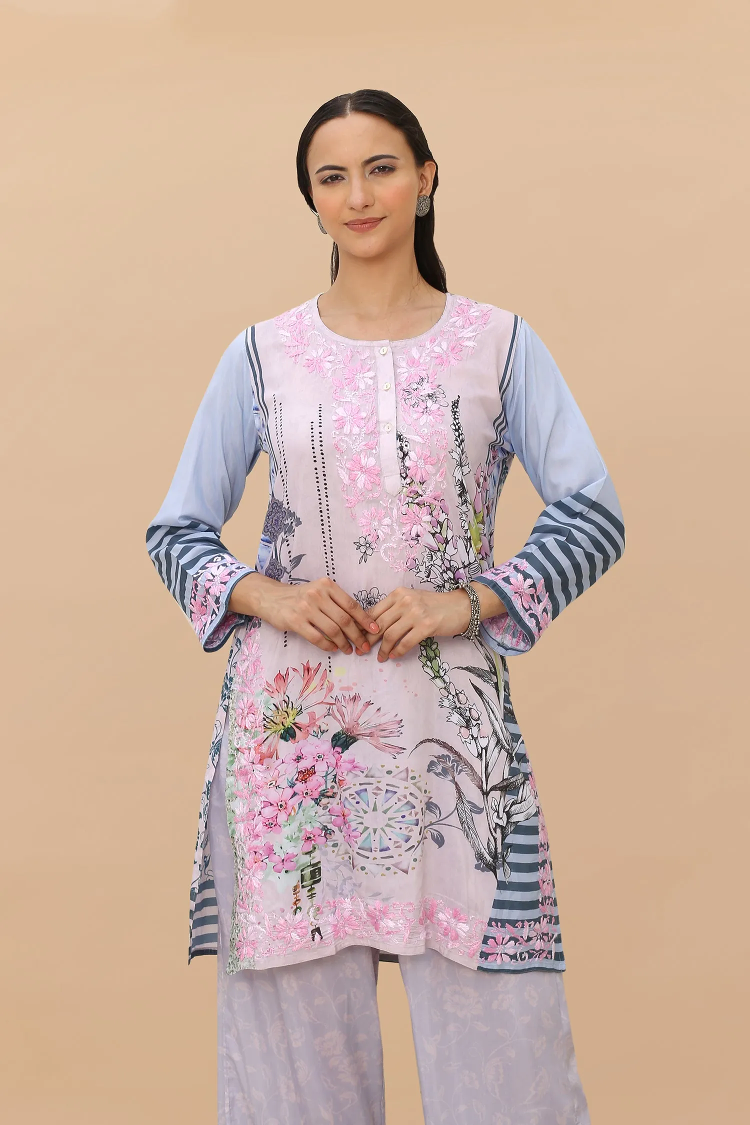 Saba Chikankari Set in Printed Polysilk - Pink Blue