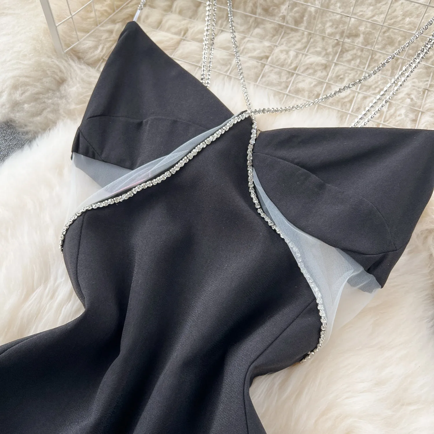See-through Mesh Patchwork Chain Slip Dress