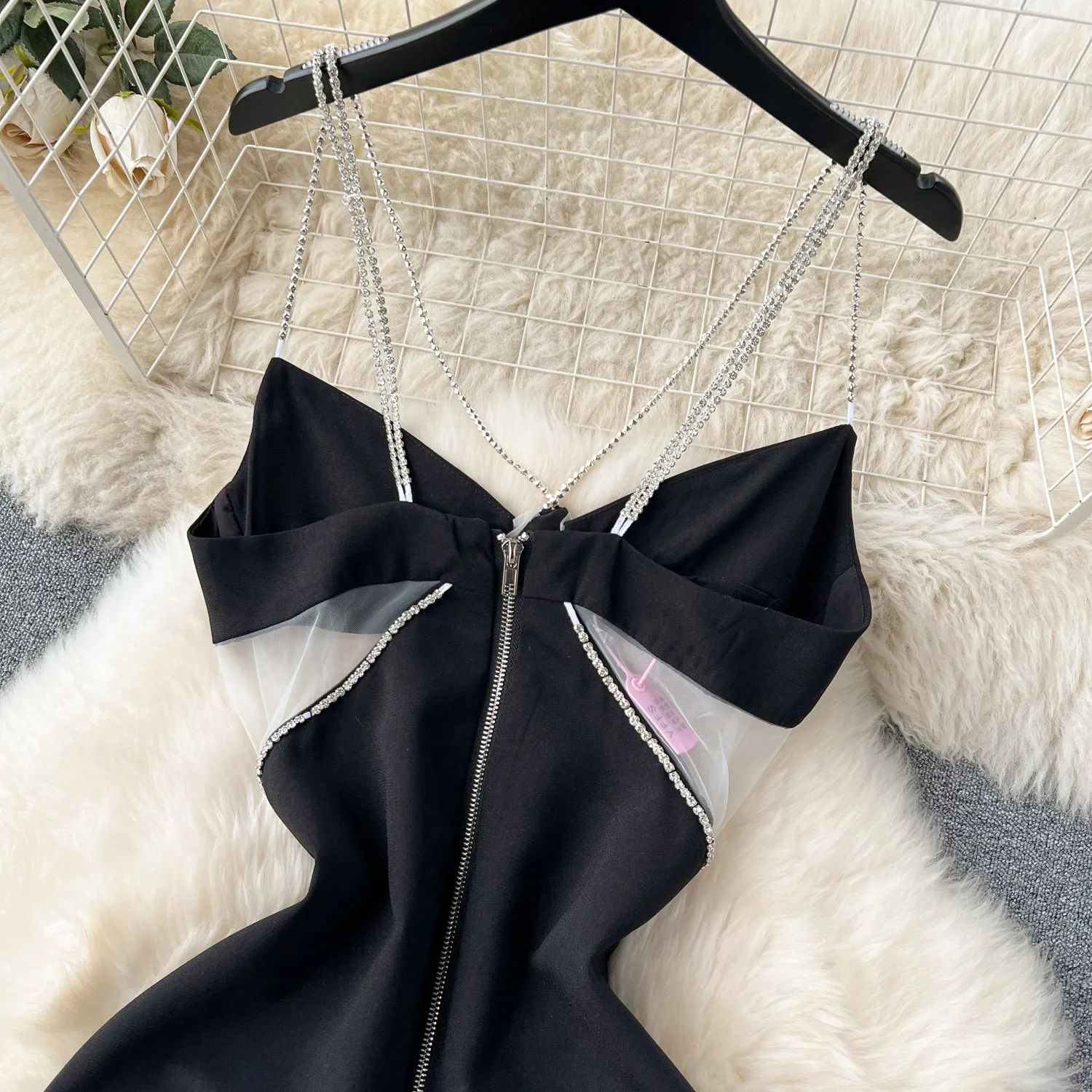 See-through Mesh Patchwork Chain Slip Dress
