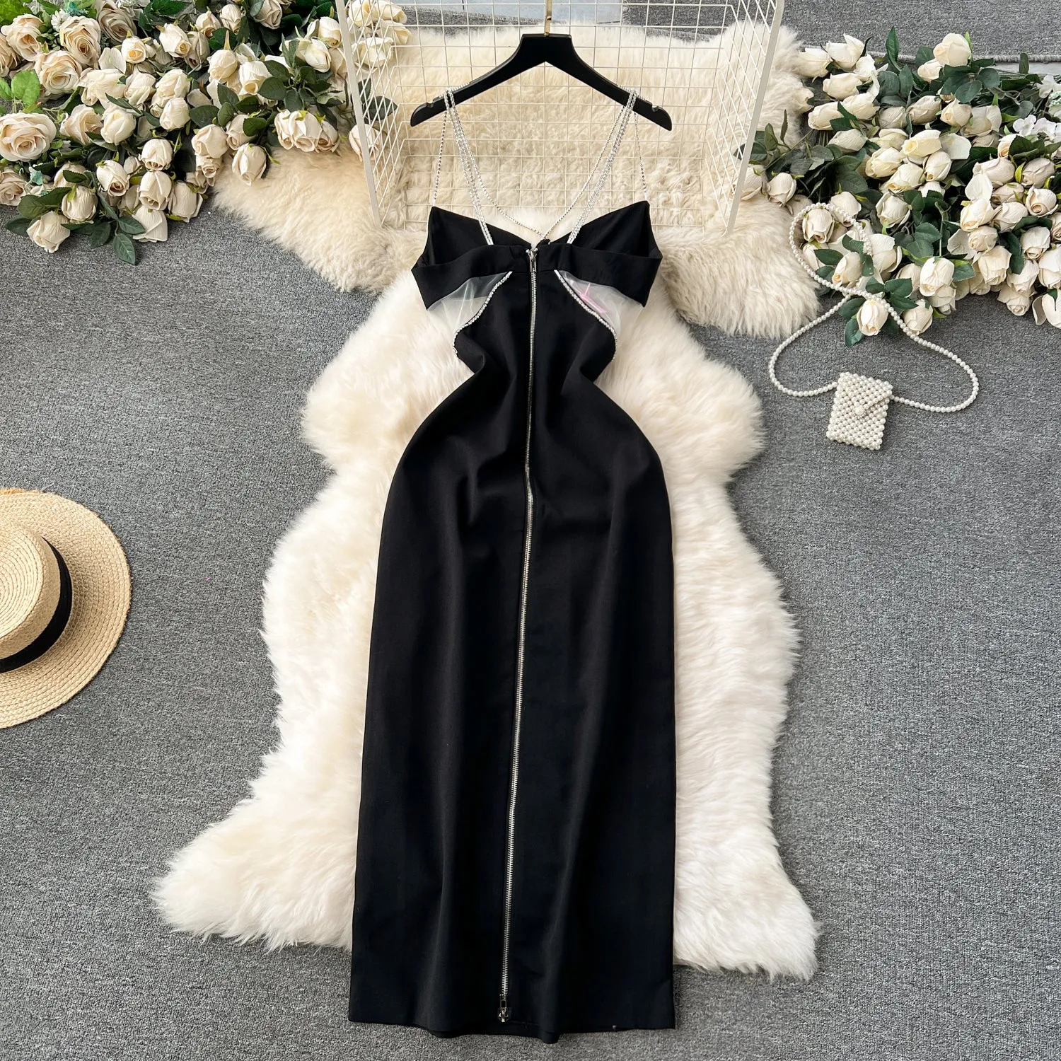 See-through Mesh Patchwork Chain Slip Dress
