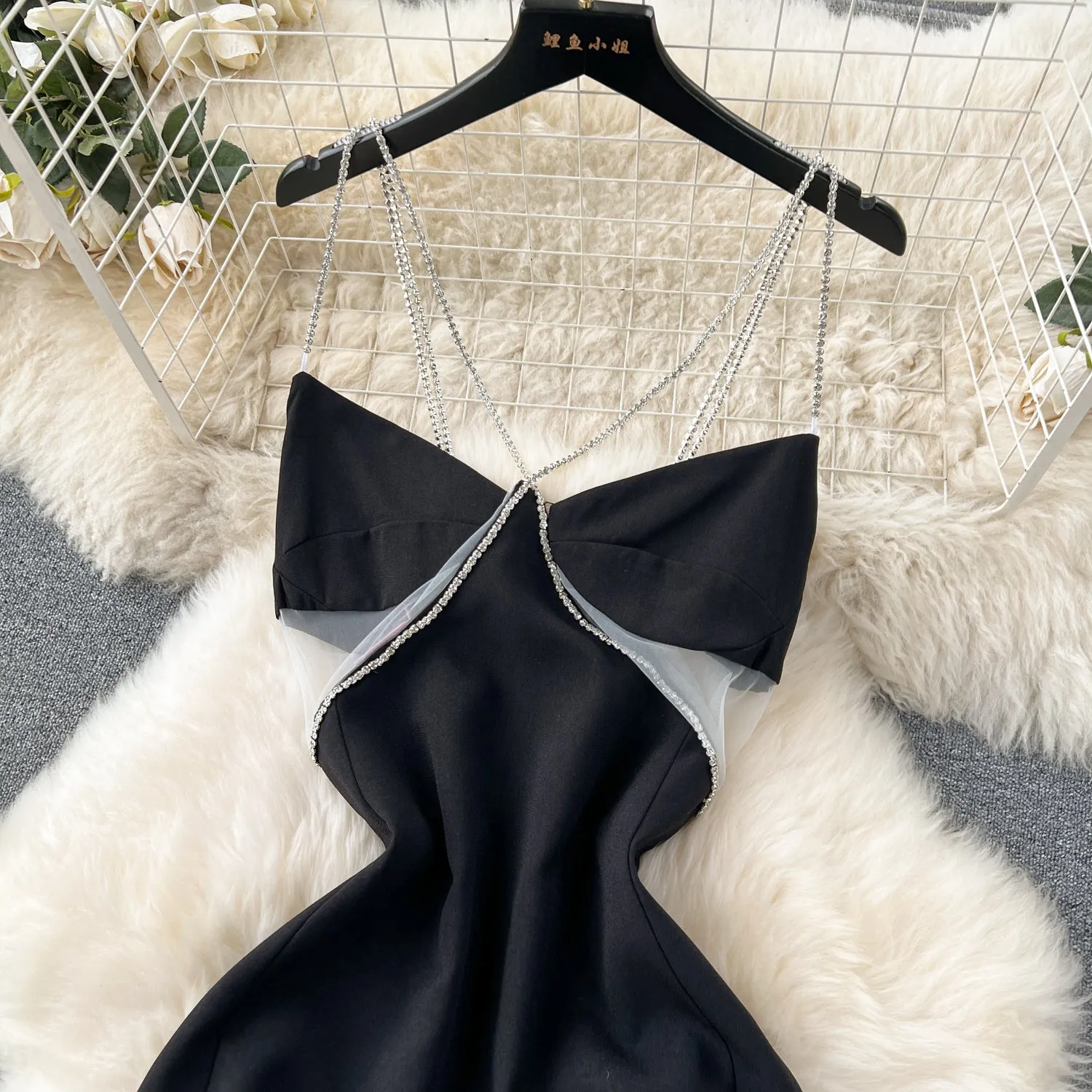 See-through Mesh Patchwork Chain Slip Dress