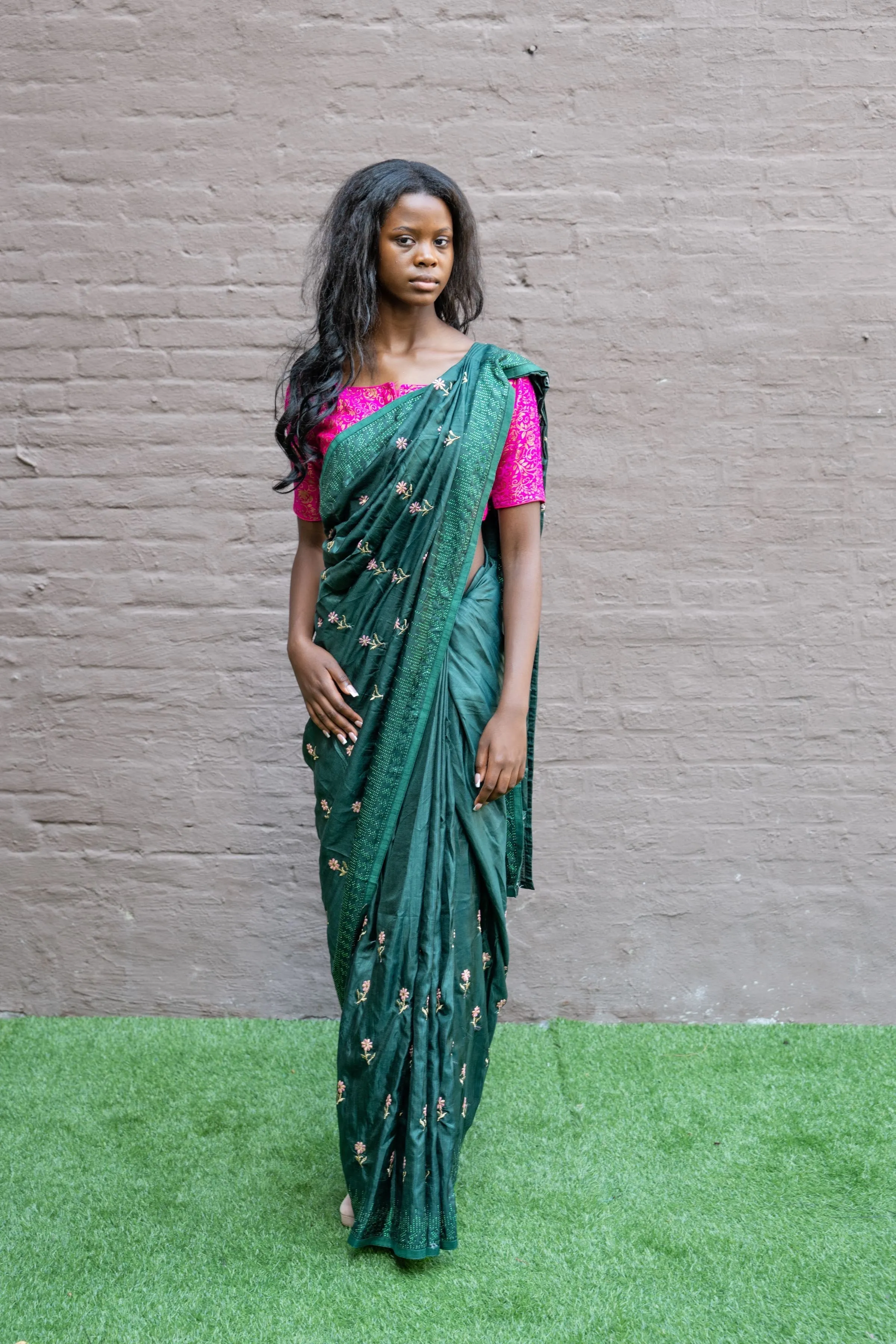 Silk Embroidered Castleton Green Fully Pleated Saree