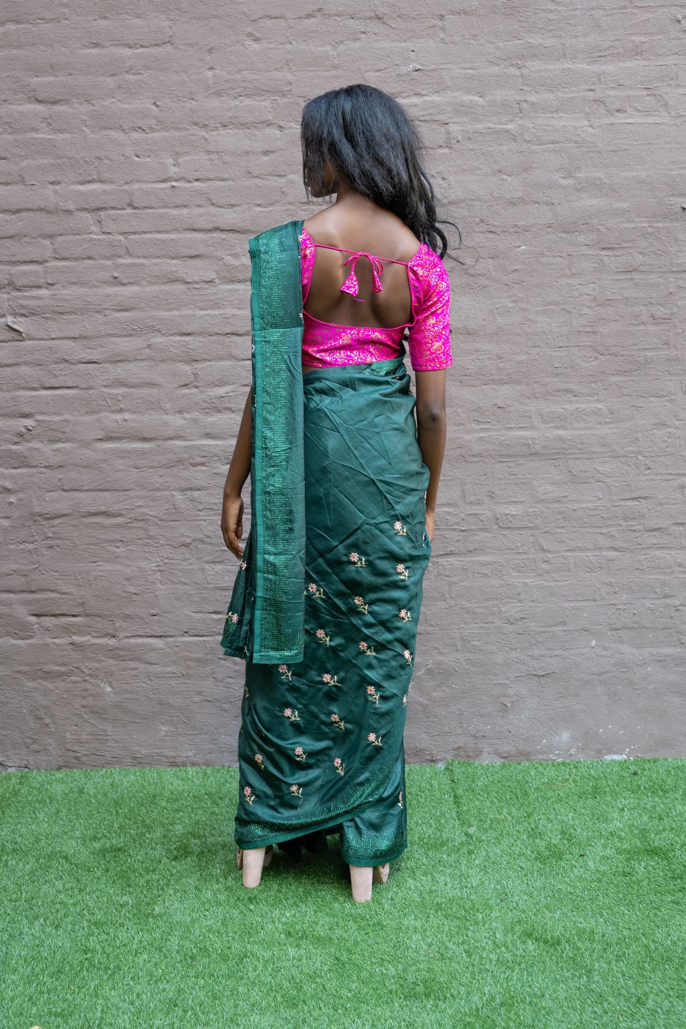 Silk Embroidered Castleton Green Fully Pleated Saree