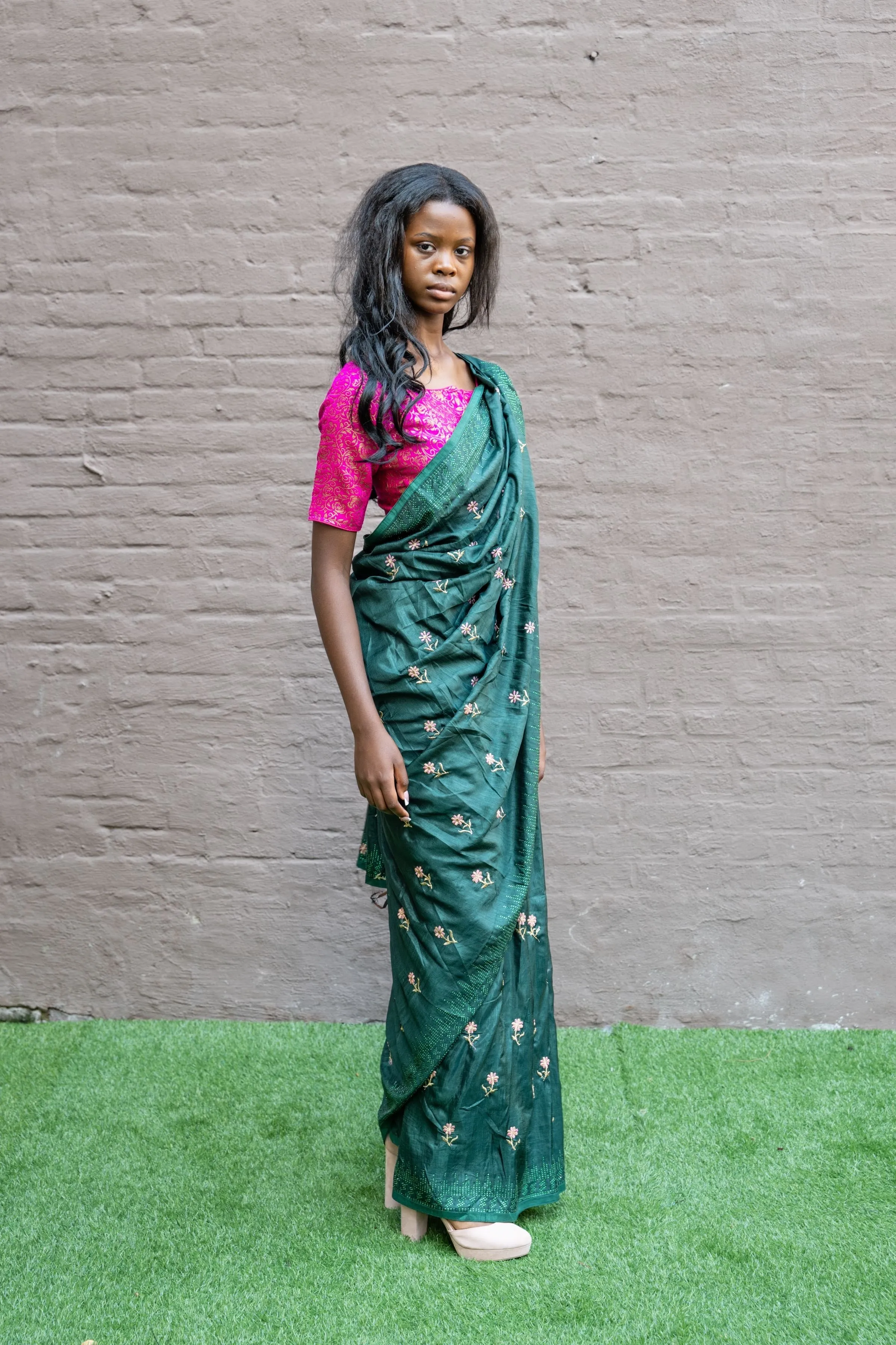 Silk Embroidered Castleton Green Fully Pleated Saree