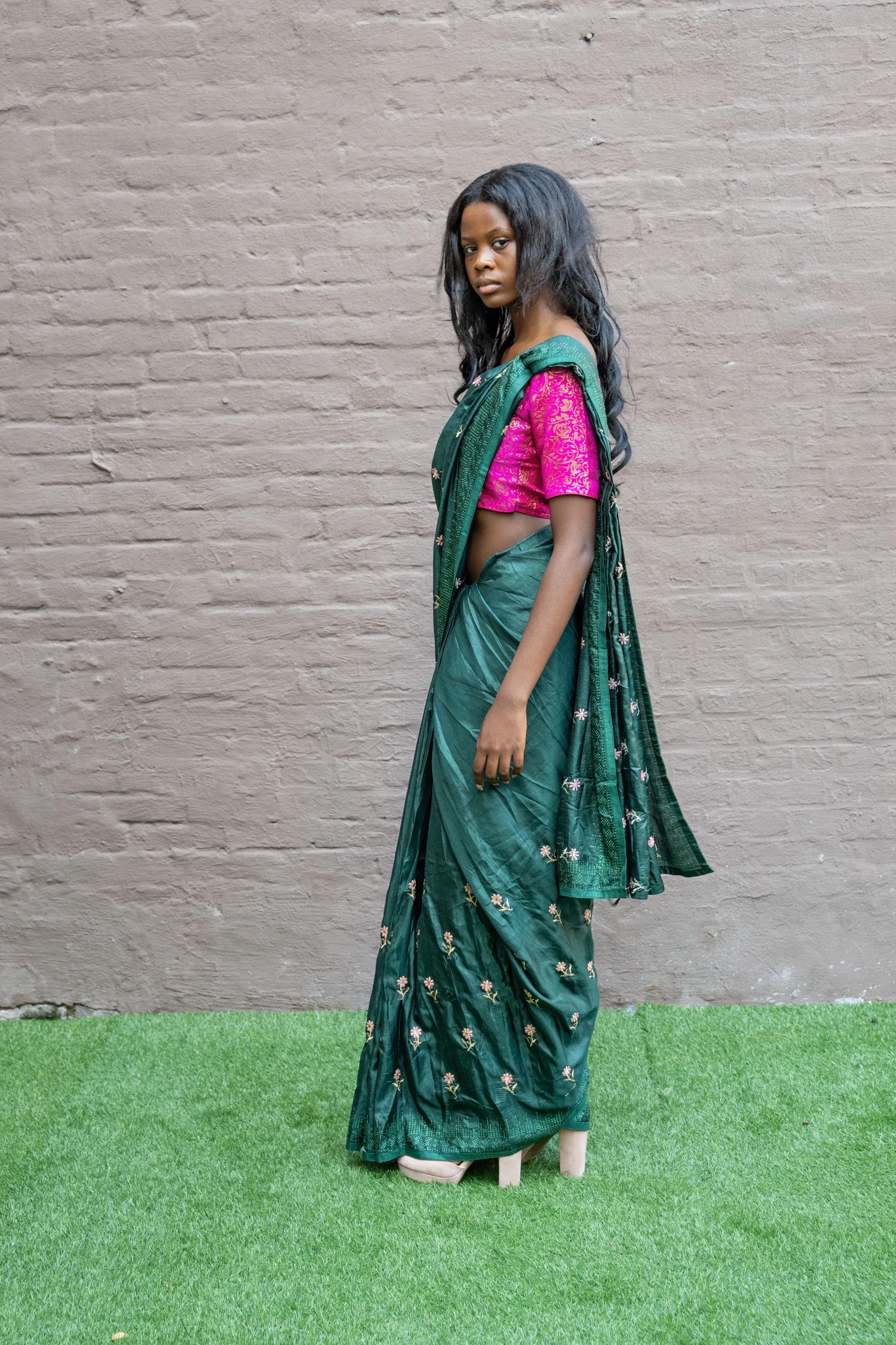 Silk Embroidered Castleton Green Fully Pleated Saree