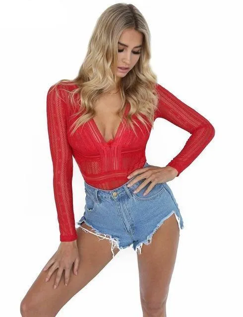 Slim Fit Crochet V-neck Bodysuit