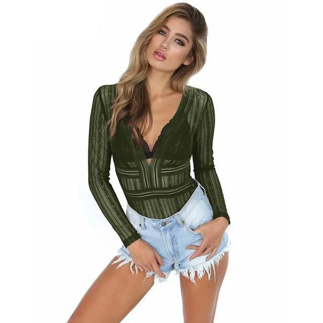 Slim Fit Crochet V-neck Bodysuit