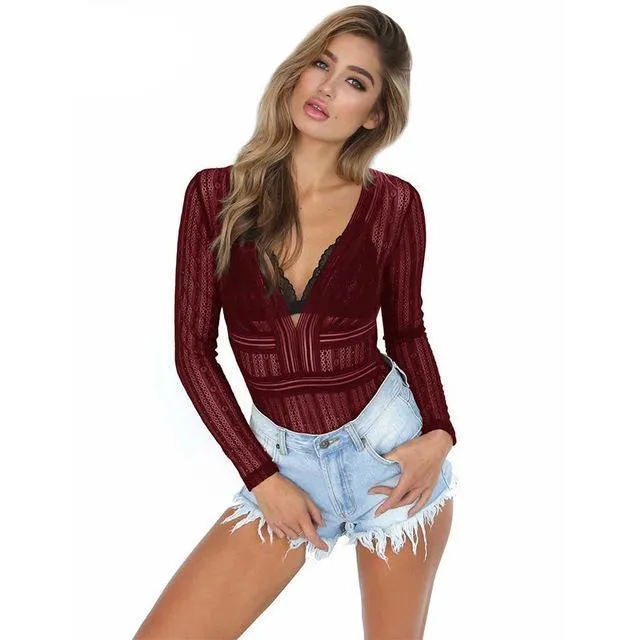 Slim Fit Crochet V-neck Bodysuit