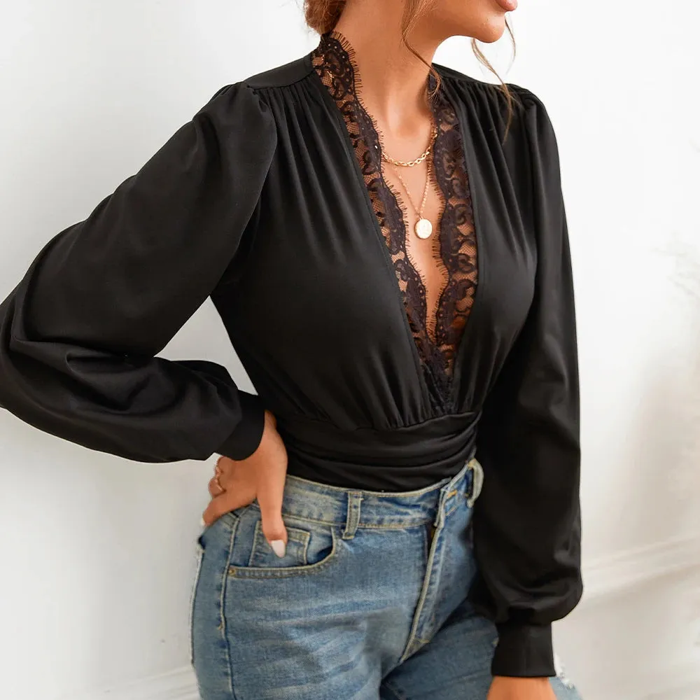 Solid Black Sexy Long Sleeve Lace Bodysuit