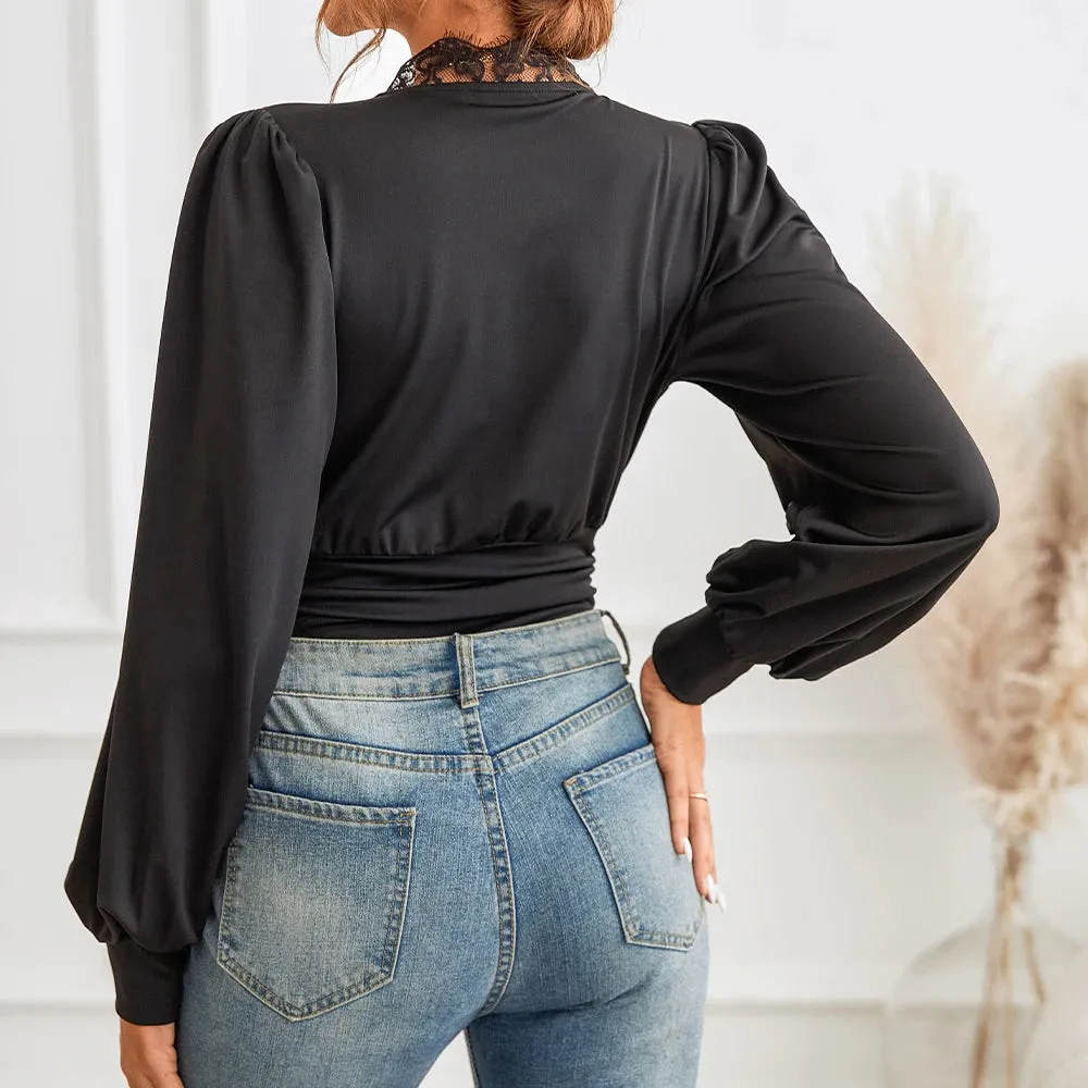 Solid Black Sexy Long Sleeve Lace Bodysuit