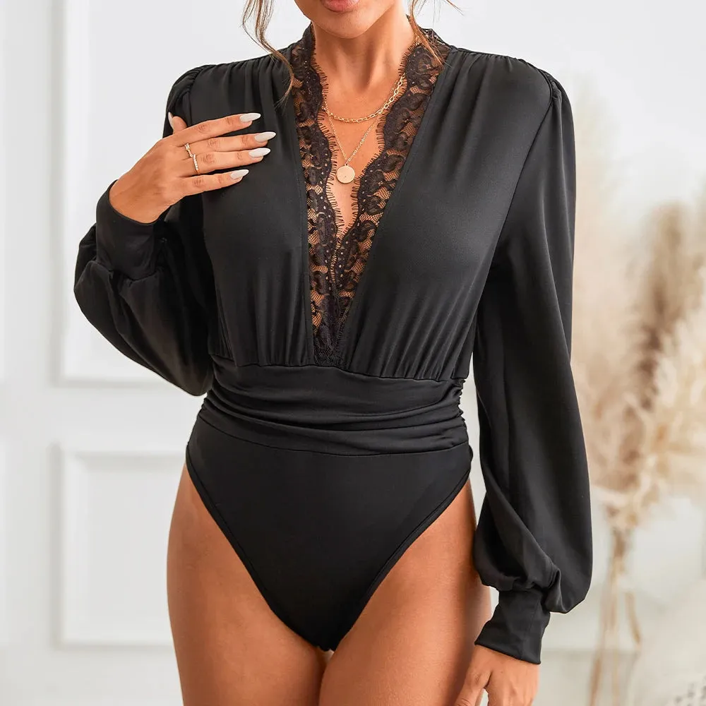 Solid Black Sexy Long Sleeve Lace Bodysuit