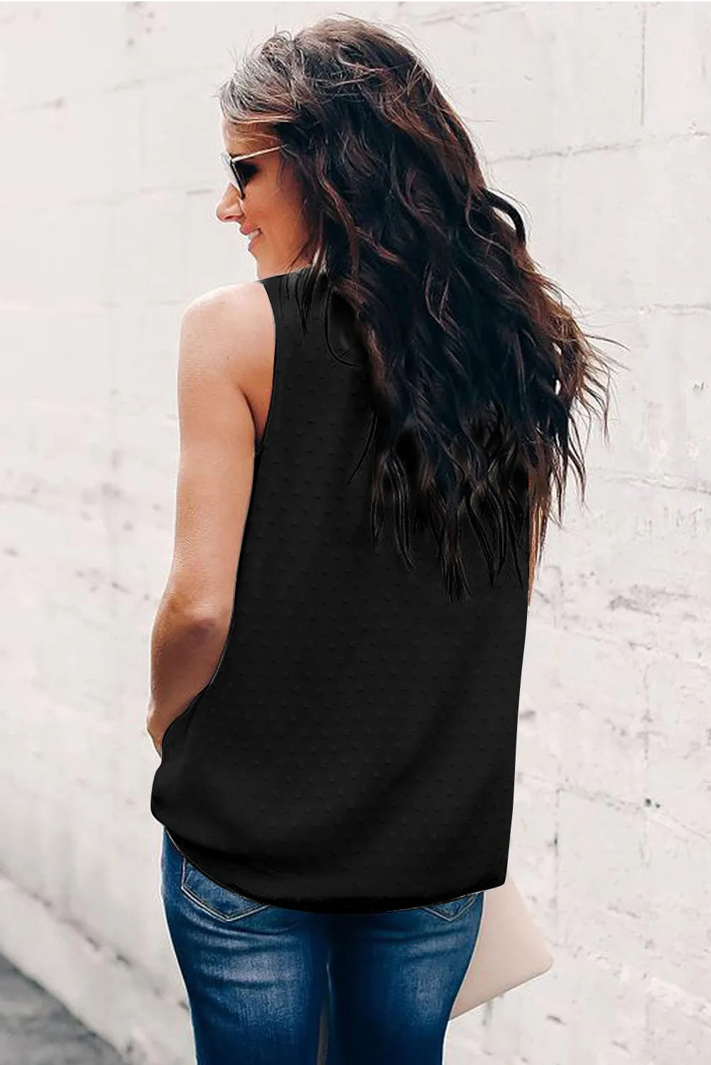 Solid Frilled Neck Swiss Dot Tank
