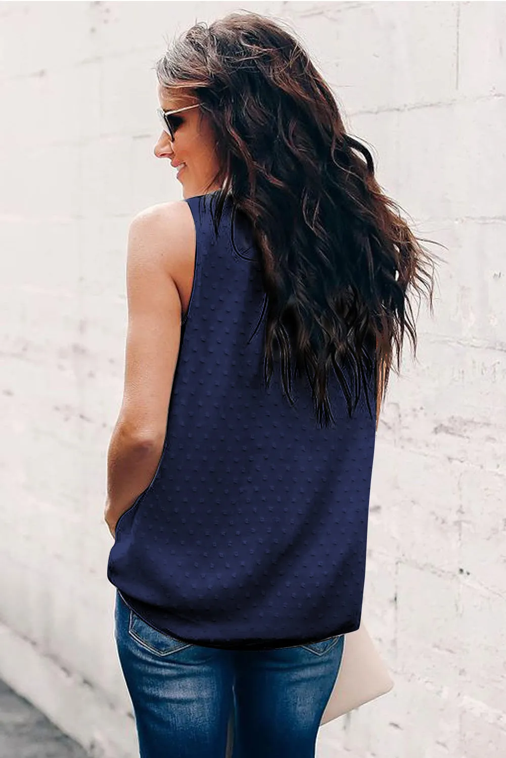Solid Frilled Neck Swiss Dot Tank