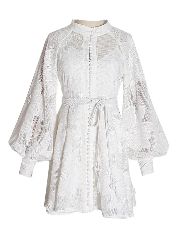 Stand Collar Embroidery Mini Dress
