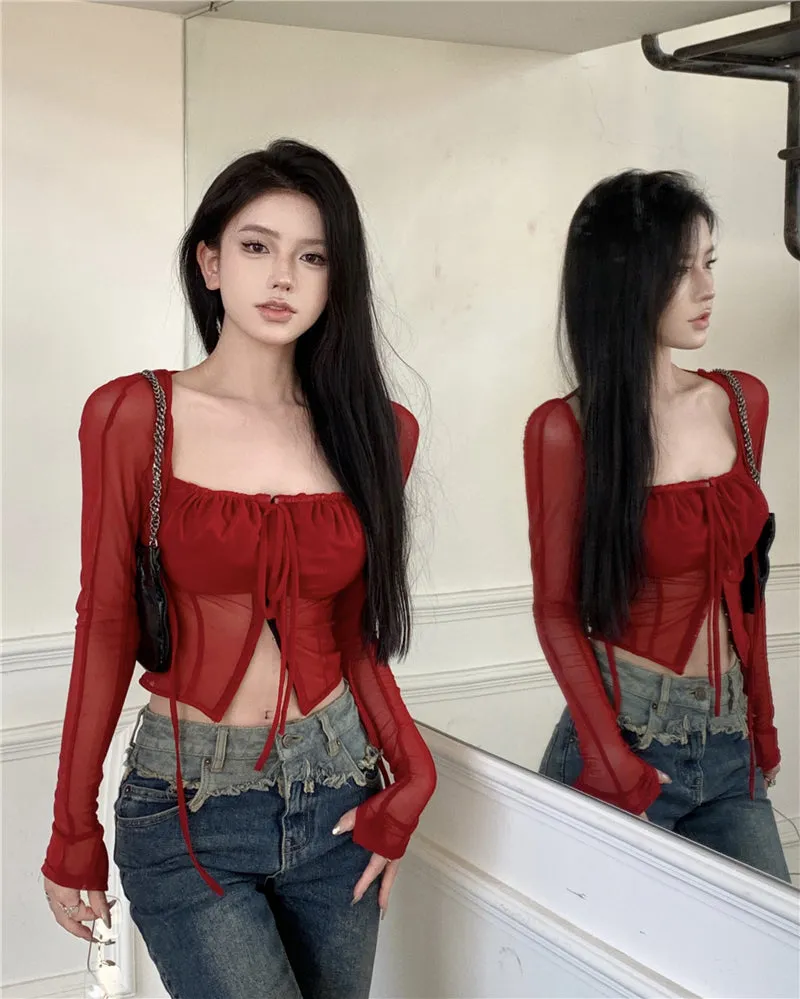Stella Solid Color Burgundy Red Mesh Square Neck Lace Long Sleeve Top