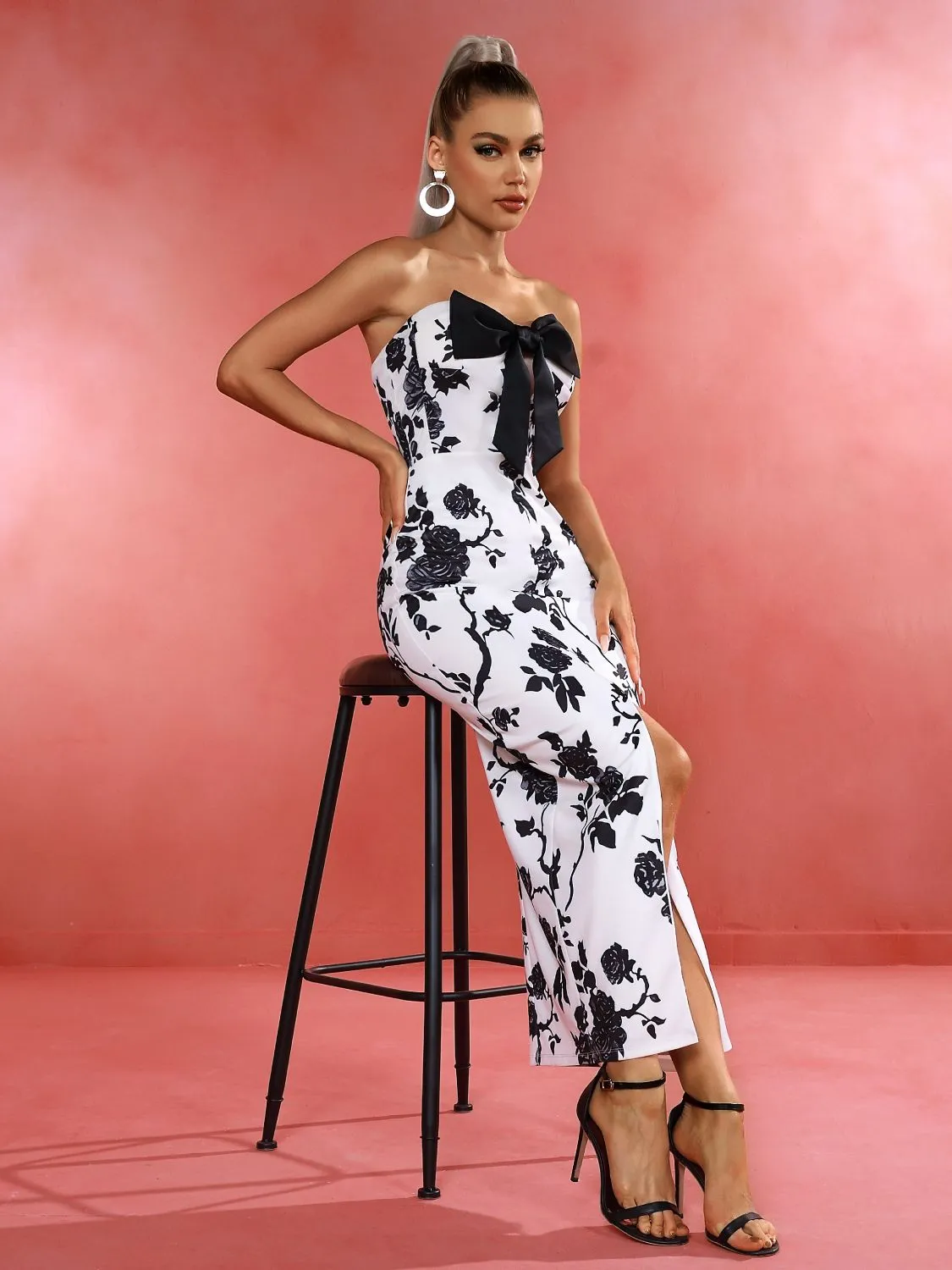 Strapless Floral Bow Front Slit Bodycon