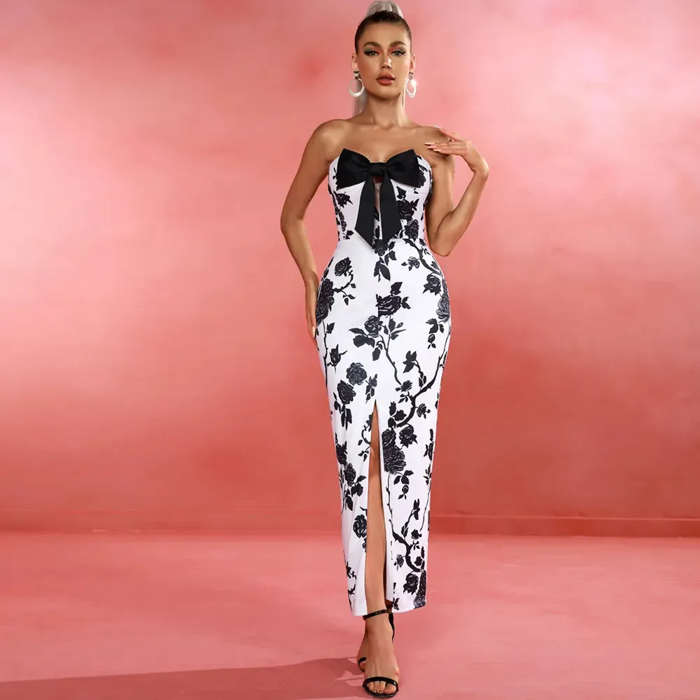 Strapless Floral Bow Front Slit Bodycon