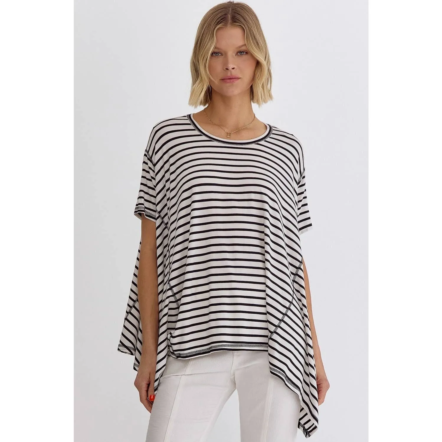 Stripe print round neck short sleeve top