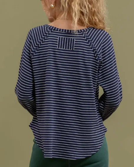 Striped Ribbed Long Raglan Slv Knit Top w Reverse Seams B4FT1074