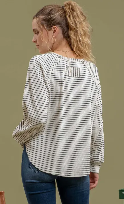 Striped Ribbed Long Raglan Slv Knit Top w Reverse Seams B4FT1074