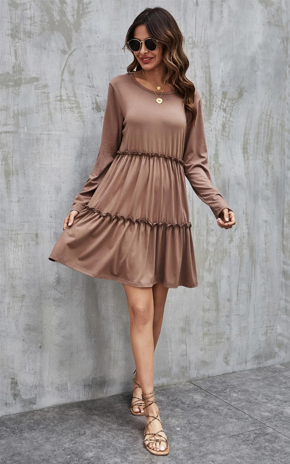Tiered Long Sleeve Mini Dress In Beige