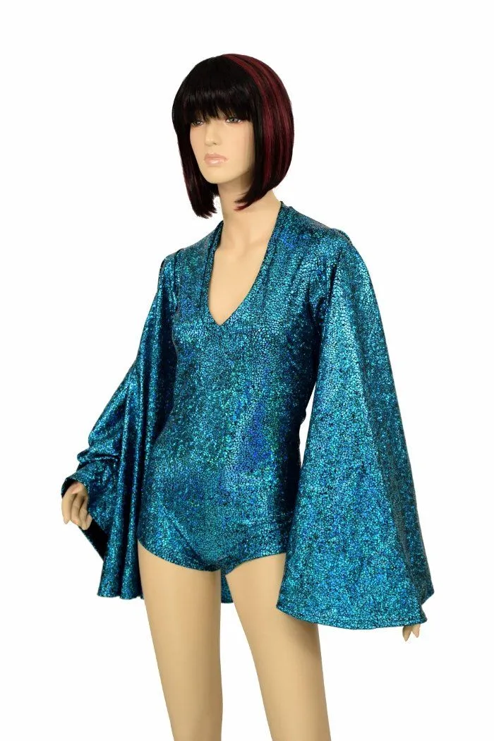 Turquoise V Neck Fan Sleeve Romper