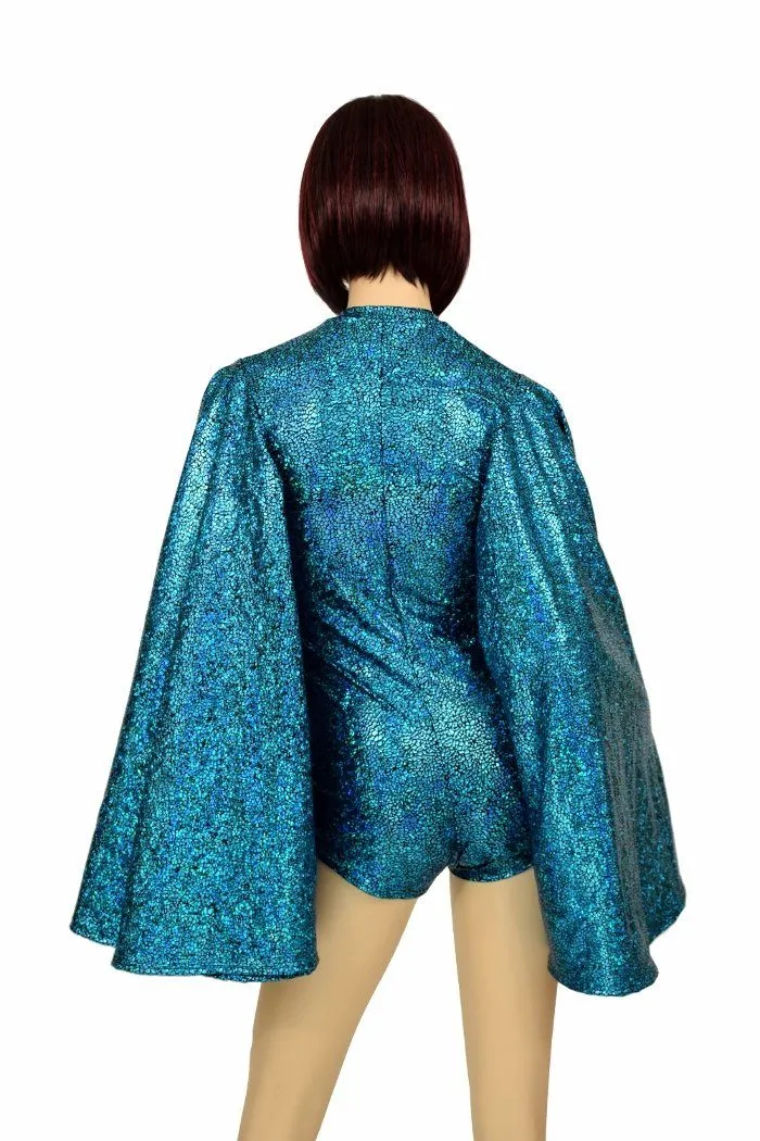 Turquoise V Neck Fan Sleeve Romper