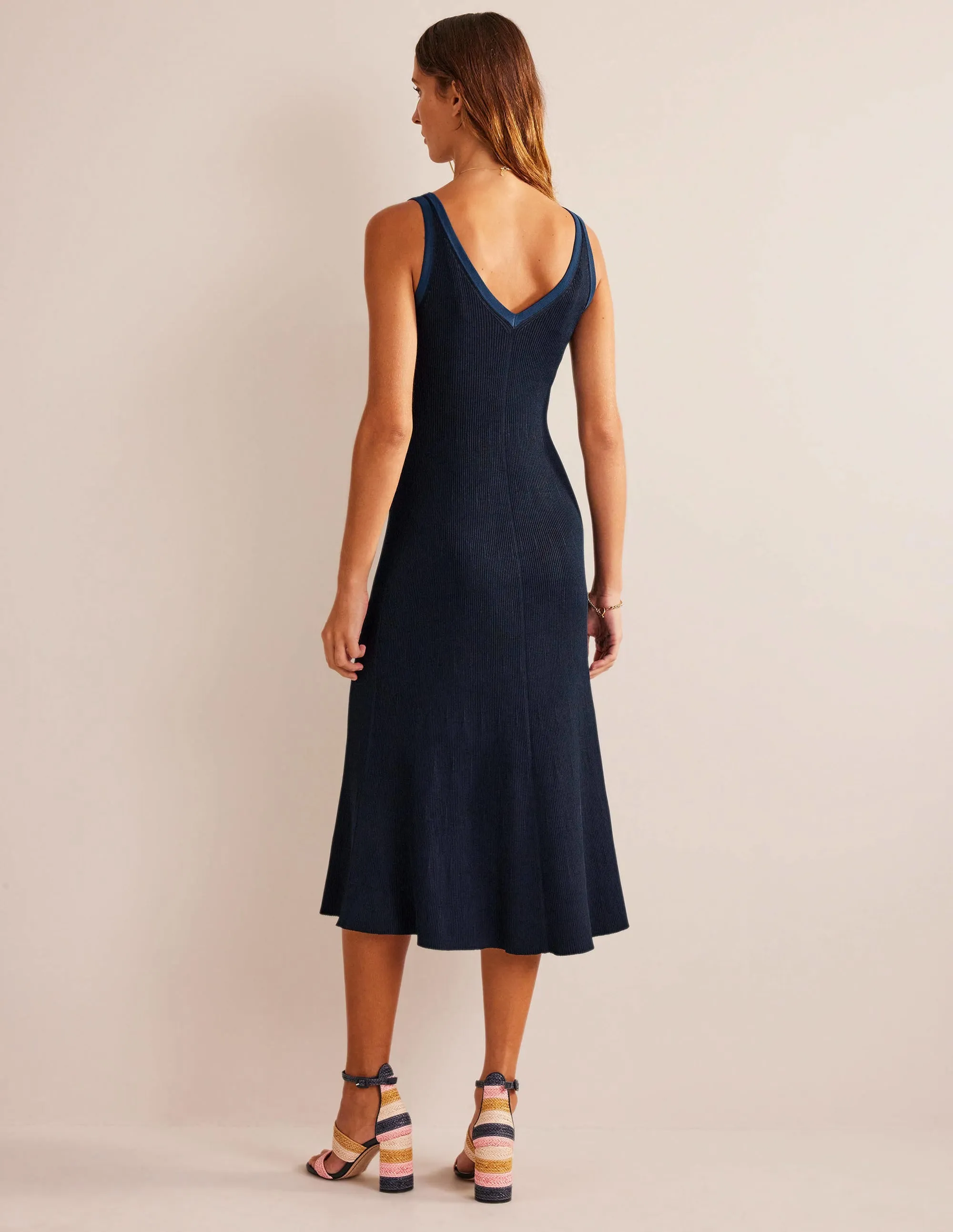 V-Neck Knitted Midi Dress-Navy