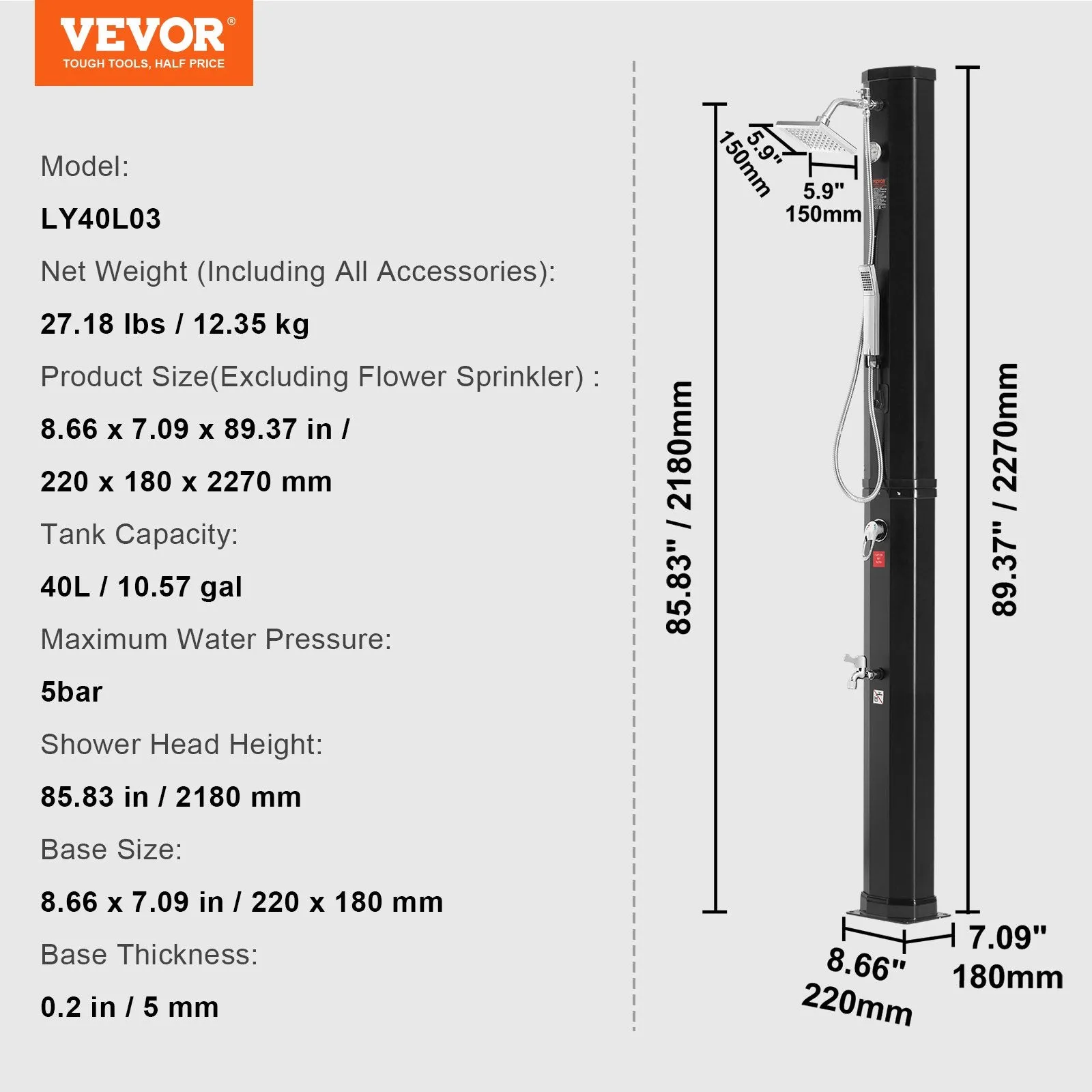 Vevor Outdoor Shower Solar Heated 10.57 Gal. Capacity with Handheld Mode New