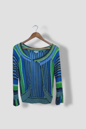 Vintage Karen Millen Women's Green Blue Striped Viscose Medium Blouse