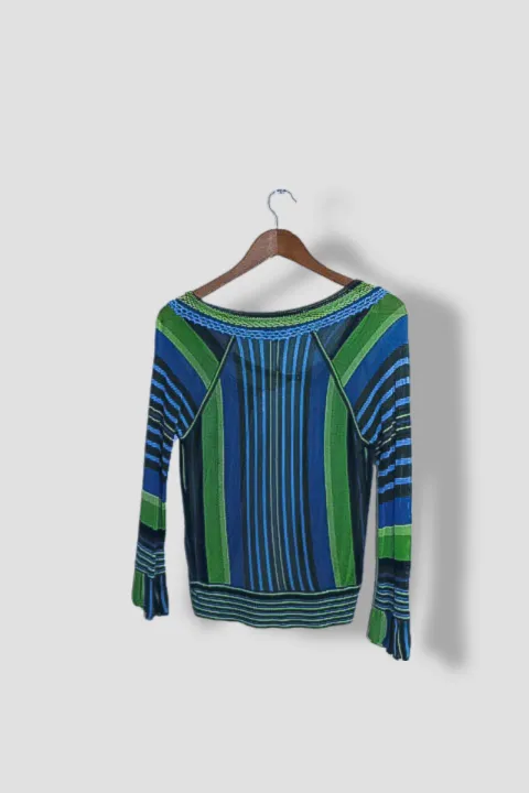 Vintage Karen Millen Women's Green Blue Striped Viscose Medium Blouse