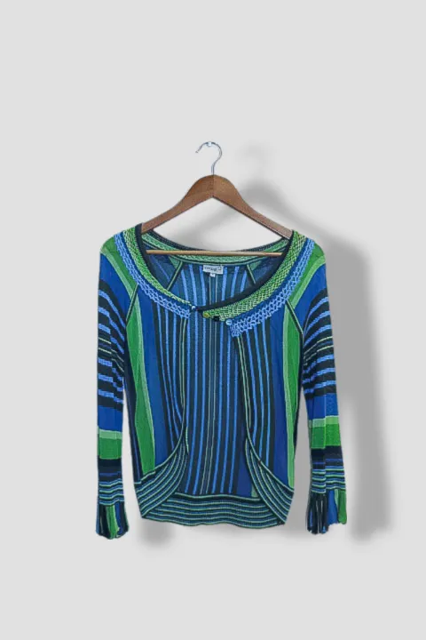 Vintage Karen Millen Women's Green Blue Striped Viscose Medium Blouse