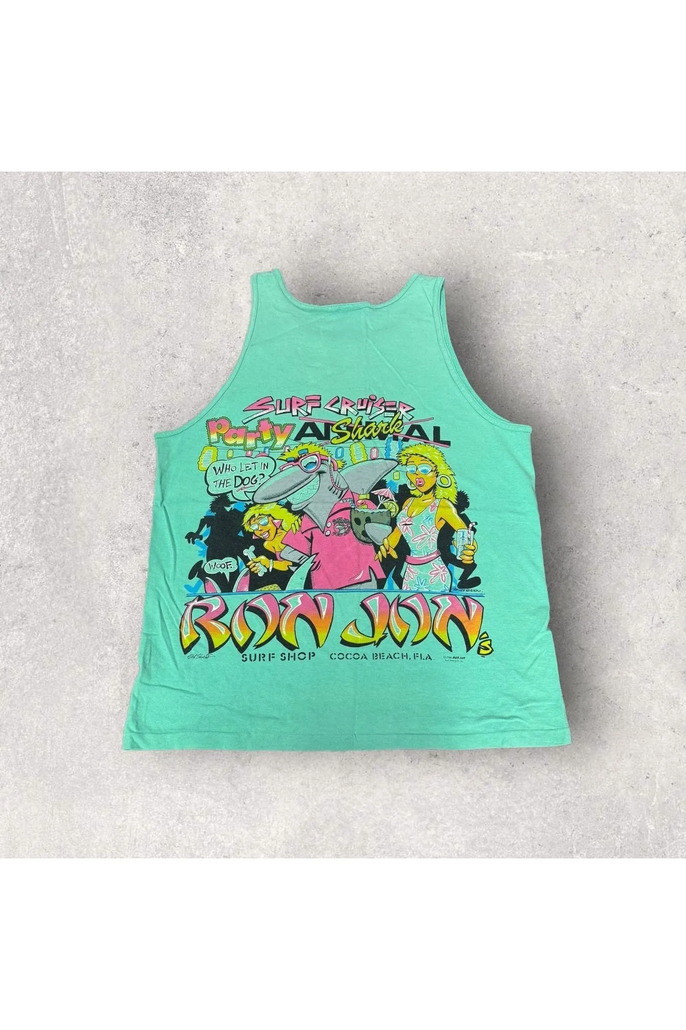 Vintage Oneita 1986 Ron Jon Surf Shop Surf Cruiser Party Shark Tank- L