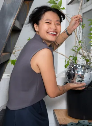 Wind Chime Raised Collar Cropped Top - Dark Grey