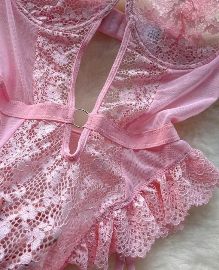 Women Sexy Floral Lace Strappy Bodysuit Lingerie