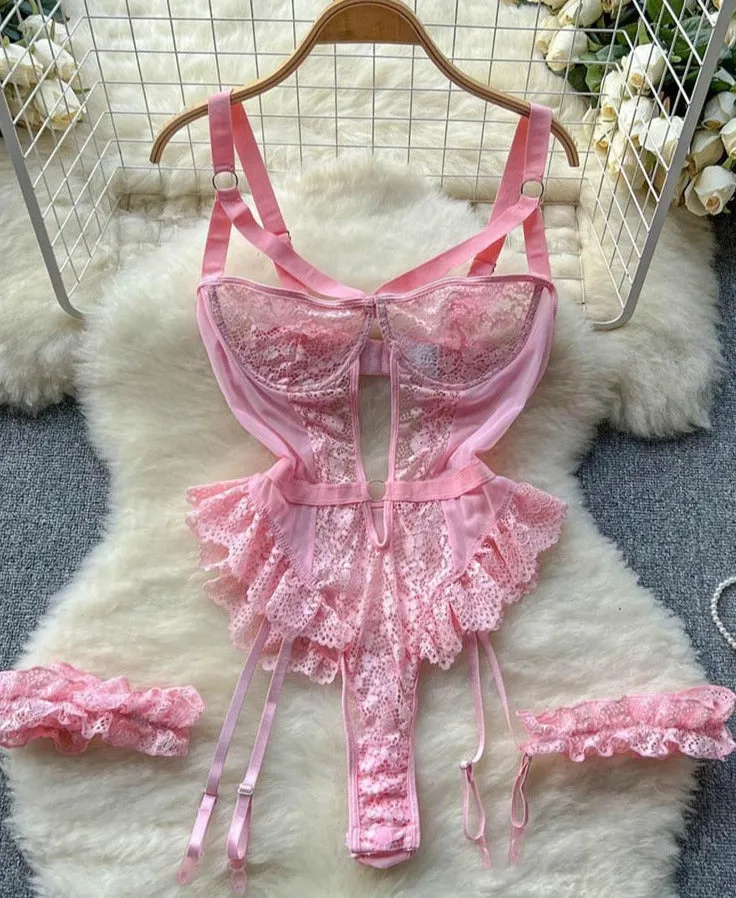 Women Sexy Floral Lace Strappy Bodysuit Lingerie