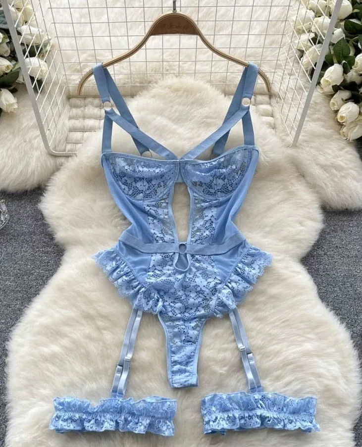 Women Sexy Floral Lace Strappy Bodysuit Lingerie