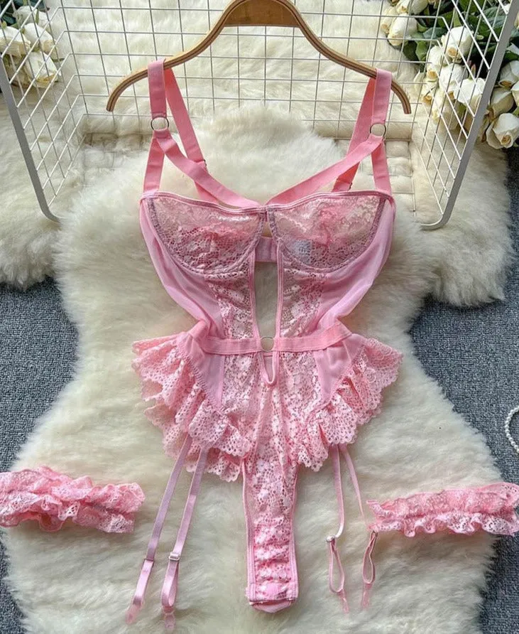 Women Sexy Floral Lace Strappy Bodysuit Lingerie