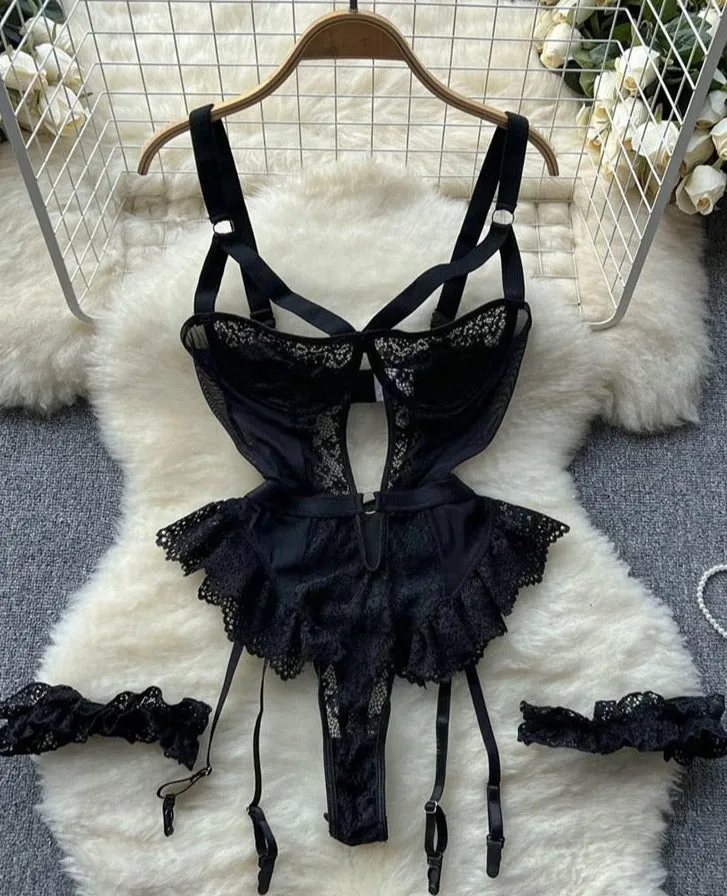 Women Sexy Floral Lace Strappy Bodysuit Lingerie