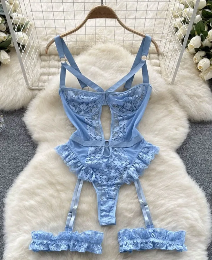 Women Sexy Floral Lace Strappy Bodysuit Lingerie