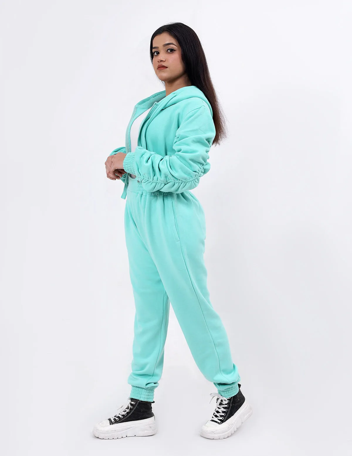 Women's Fleece Sports Pullover Hoodie & Trouser Set - Sky Blue