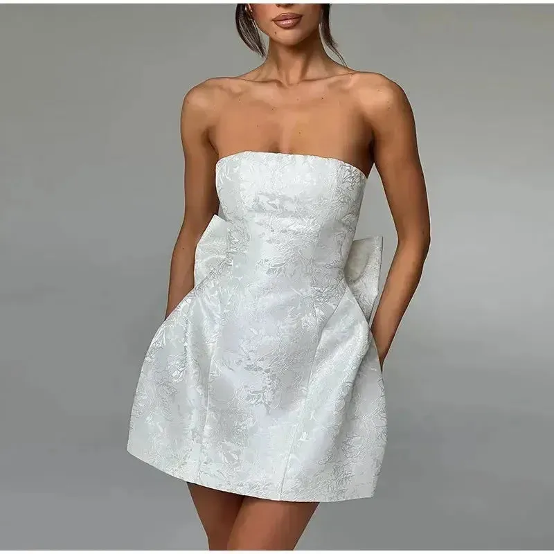 Women's Jacquard Dress Elegant Temperament Mini Skirt Pleated Skirt Tie Up Bow Slim Fit Clothing Sexy Party