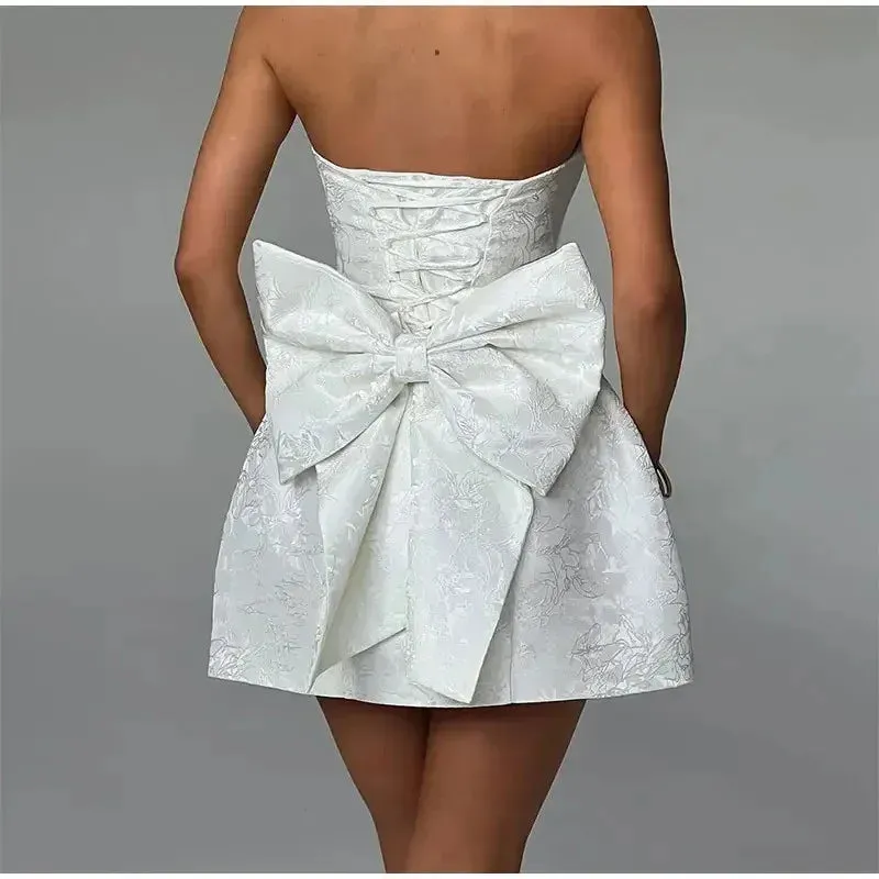 Women's Jacquard Dress Elegant Temperament Mini Skirt Pleated Skirt Tie Up Bow Slim Fit Clothing Sexy Party