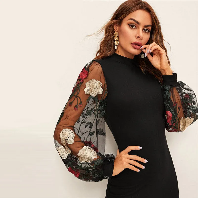 Women's Summer Polyester Sheath Long-Sleeved Midi Dress